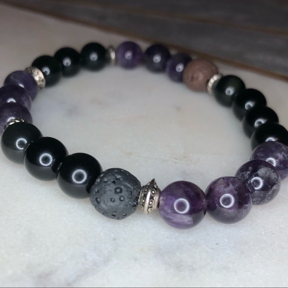 Healing bracelet Amethyst Black Obsidian Lava bead - Picture 4 of 8